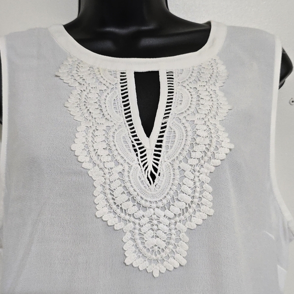 PALE SKY Quin Sleeveless Lace Crochet Flowy Boho Elegant Evening‎ Top L Ivory - Picture 3 of 14